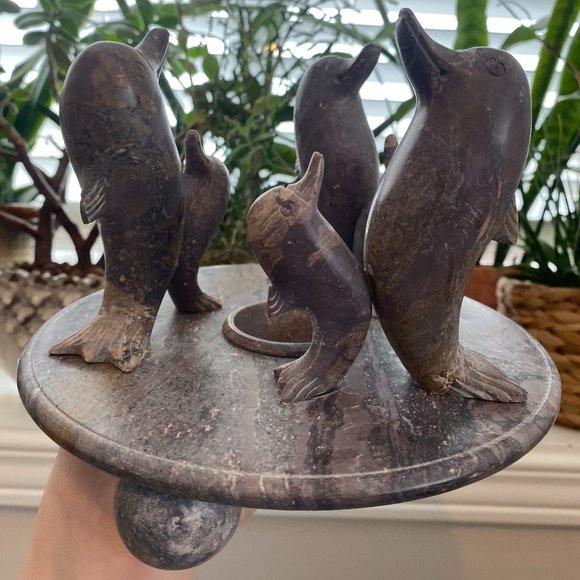 Vintage Marble Tea Light Holder/ Hand Carved Onyx Dolphins - Picture 2 of 11